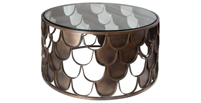 Table basse METRIX ronde 60 cm bronze avec structure effet écaille – Table basse design en métal et verre trempé