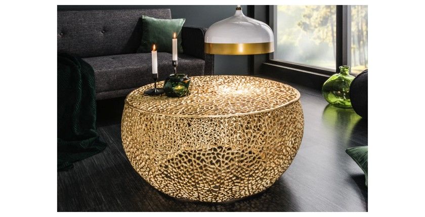 Table basse METRIX ronde dorée 80 cm – Table basse design en aluminium ajouré