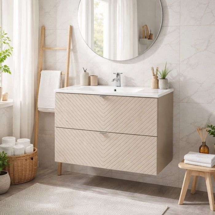 Badezimmer-Set AOKI: Waschtischunterschrank mit Schubladen 80cm + Einbauwaschbecken weiß