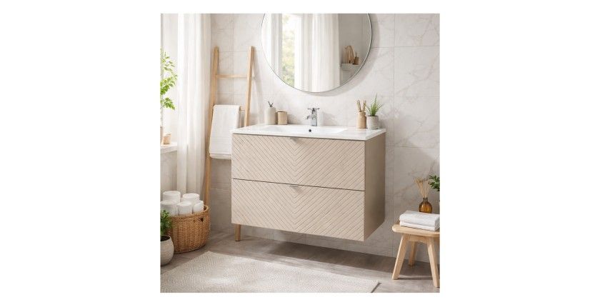 Ensemble meuble sous vasque 80cm et vasque encastrée AOKI beige mis en situation