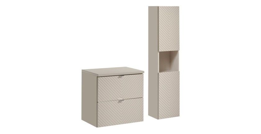 Ensemble AOKI : meuble sous vasque à tiroirs 60cm + plan vasque beige + colonne de rangement
