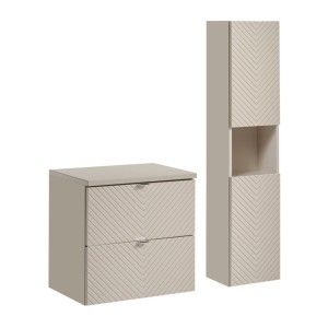 Ensemble AOKI : meuble sous vasque à tiroirs 60cm + plan vasque beige + colonne de rangement