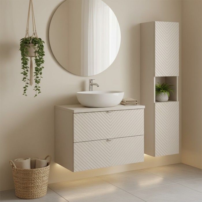 Ensemble meuble sous vasque 60cm et colonne de rangement AOKI beige mis en situation