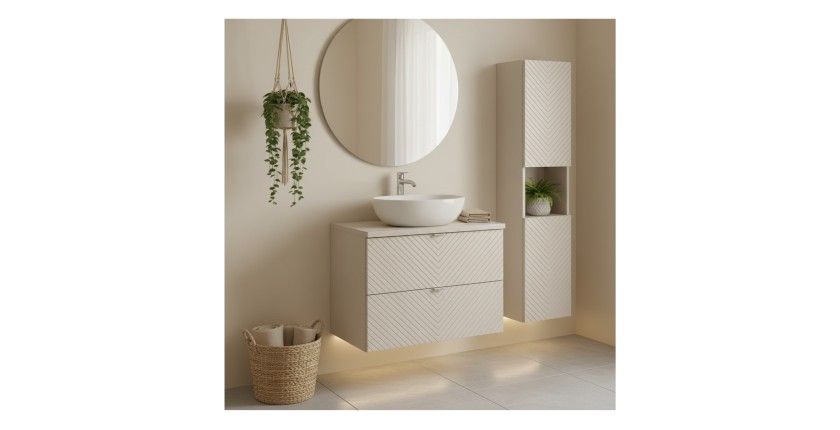 Ensemble AOKI : meuble sous vasque à tiroirs 60cm + plan vasque beige + colonne de rangement