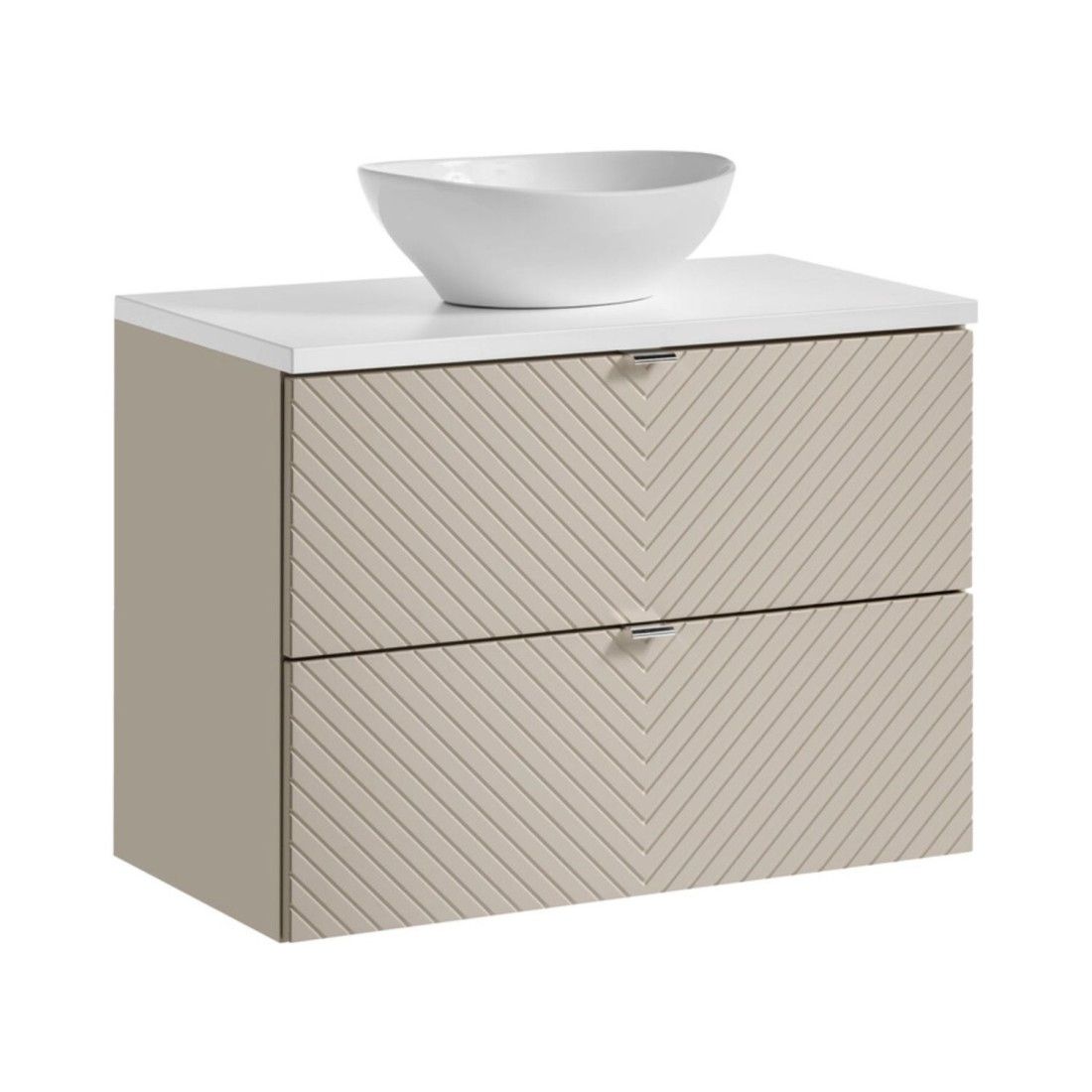 Ensemble AOKI : meuble sous vasque à tiroirs 80cm + plan vasque blanc + vasque blanche ronde à poser