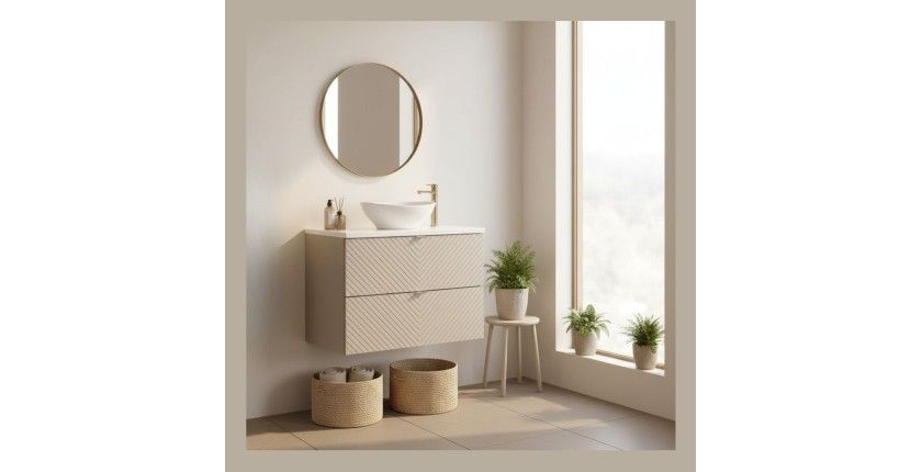 Ensemble de salle de bain AOKI avec meuble sous vasque 80cm beige, plan vasque blanc et vasque à poser mis en situation