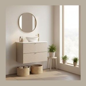 Ensemble AOKI : meuble sous vasque à tiroirs 80cm + plan vasque blanc + vasque blanche ronde à poser