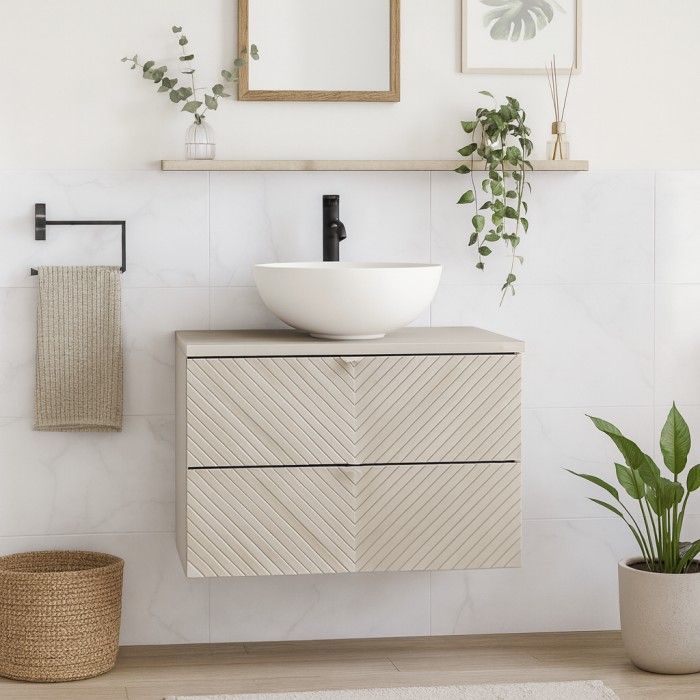 Ensemble meuble sous vasque 80cm et plan vasque AOKI beige mis en situation
