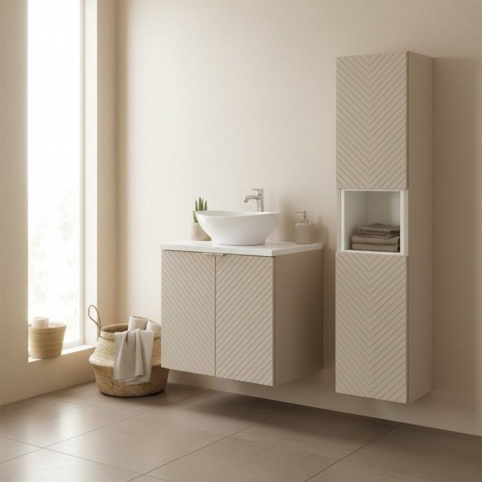 Ensemble de salle de bain AOKI avec meuble sous vasque, plan vasque, vasque à poser et colonne de rangement mis en situation