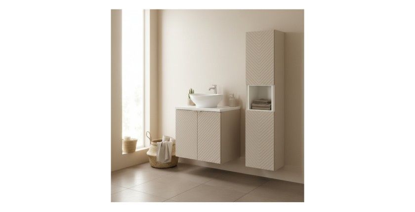 Ensemble de salle de bain AOKI avec meuble sous vasque, plan vasque, vasque à poser et colonne de rangement mis en situation