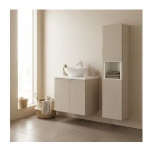 Ensemble AOKI : meuble sous vasque à placards 60cm + plan vasque blanc + vasque blanche ronde à poser + colonne