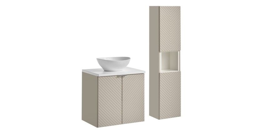 Ensemble AOKI : meuble sous vasque à placards 60cm + plan vasque blanc + vasque blanche ronde à poser + colonne