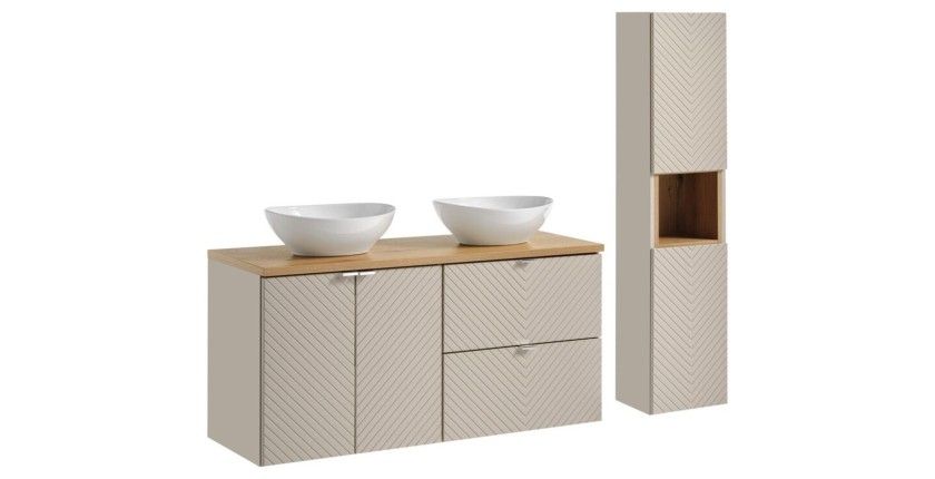 Ensemble AOKI : meubles sous vasque à placards et tiroirs 120cm + plan vasque chêne + vasque blanche ronde à poser + colonne