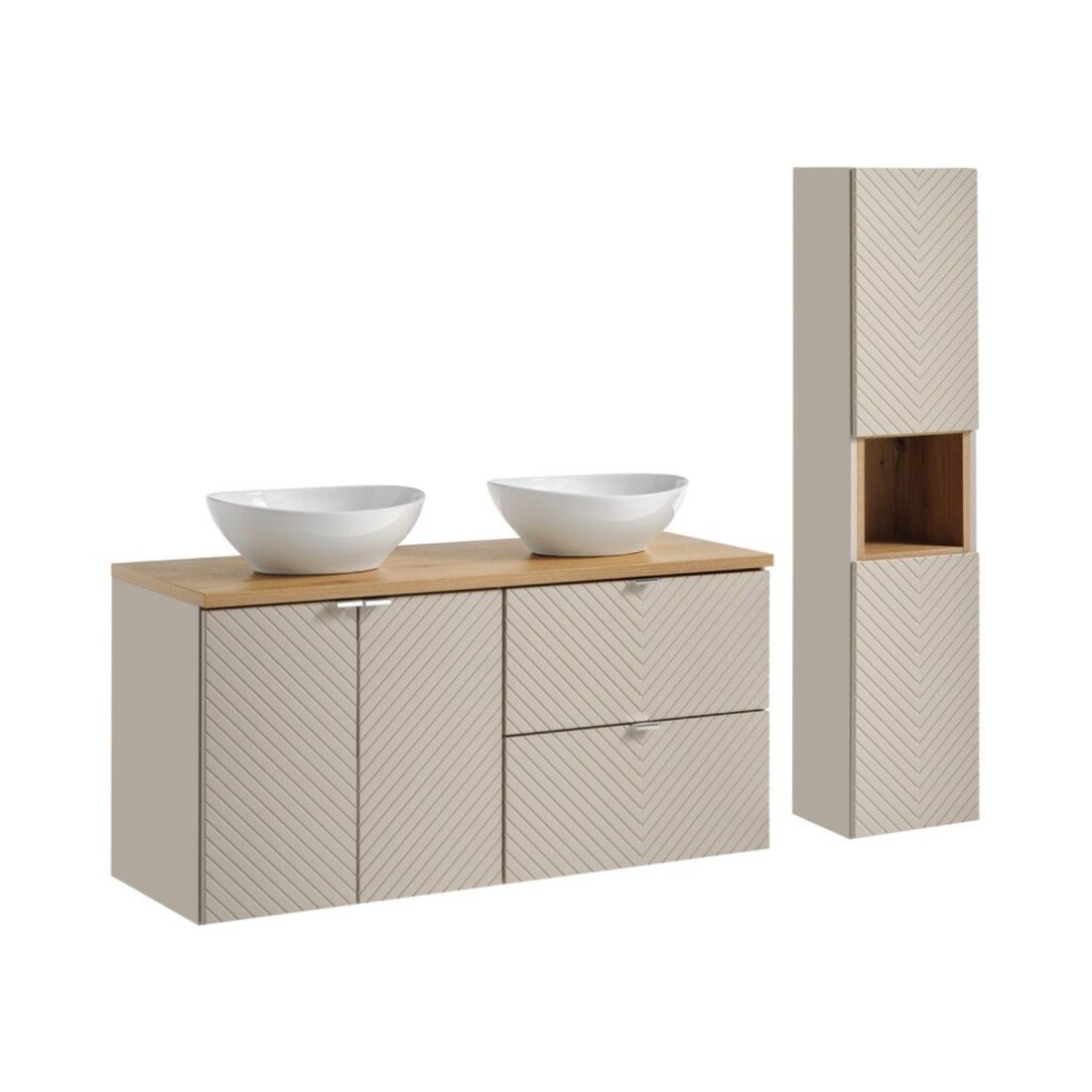 Ensemble AOKI : meubles sous vasque à placards et tiroirs 120cm + plan vasque chêne + vasque blanche ronde à poser + colonne