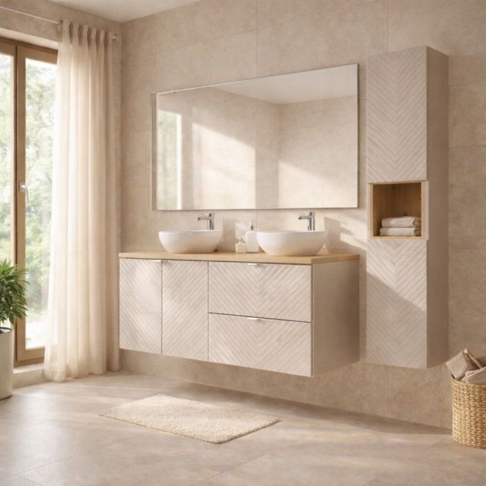 Salle de bain AOKI avec meuble sous vasque à placard et à tiroir, vasque à poser et colonne de rangement mis en situation