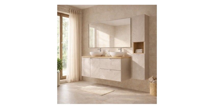 Ensemble AOKI : meubles sous vasque à placards et tiroirs 120cm + plan vasque chêne + vasque blanche ronde à poser + colonne