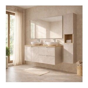 Ensemble AOKI : meubles sous vasque à placards et tiroirs 120cm + plan vasque chêne + vasque blanche ronde à poser + colonne