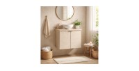 Ensemble de salle de bain AOKI : meuble sous vasque à placards 60cm + plan vasque beige + vasque blanche ronde à poser