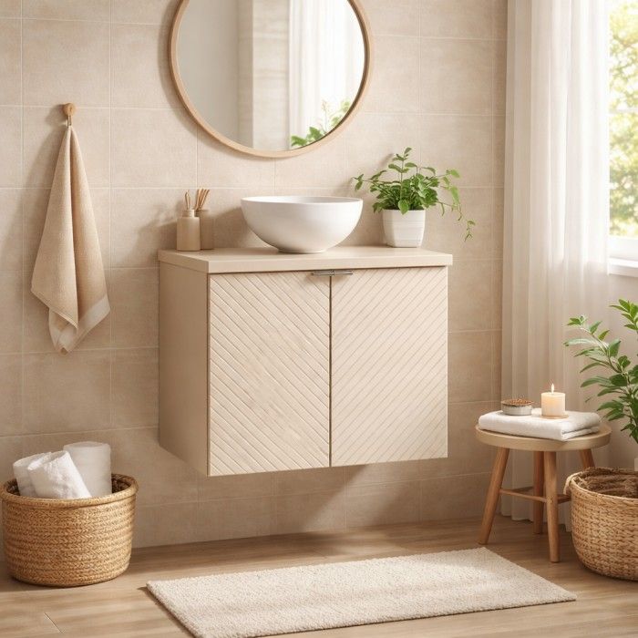 Ensemble de salle de bain AOKI avec meuble sous vasque, plan vasque et vasque ronde à poser mis en situation