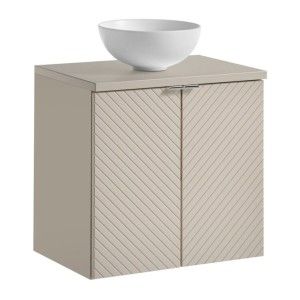 Ensemble de salle de bain AOKI : meuble sous vasque à placards 60cm + plan vasque beige + vasque blanche ronde à poser