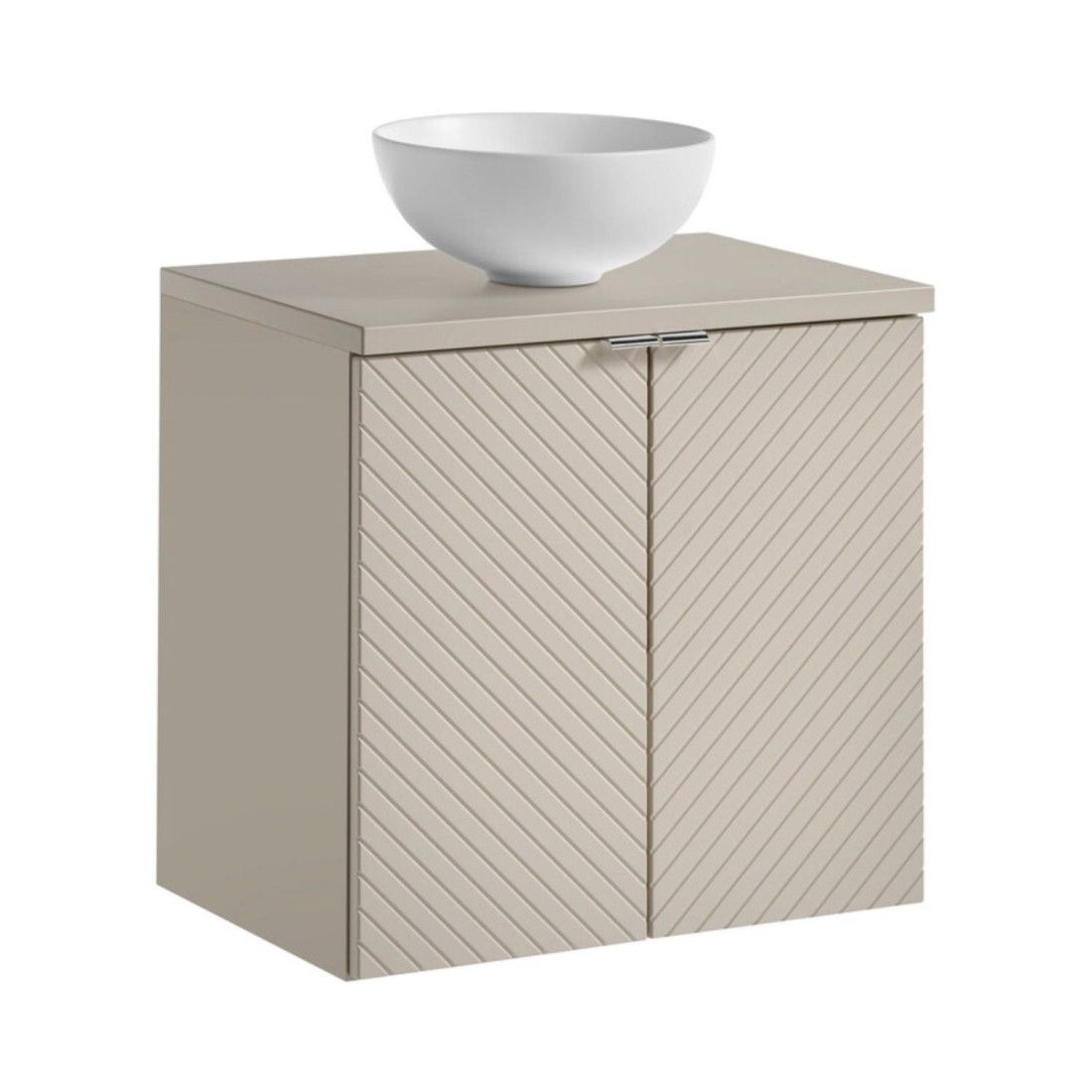 Ensemble de salle de bain AOKI : meuble sous vasque à placards 60cm + plan vasque beige + vasque blanche ronde à poser