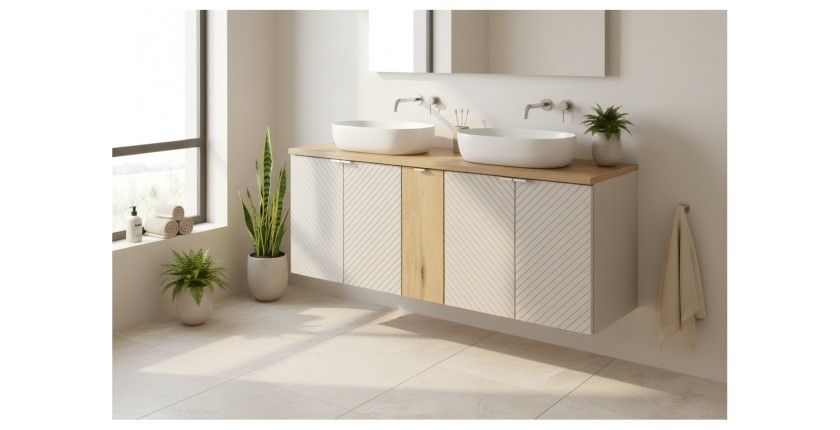 Badezimmer-Set AOKI: Unterschrank mit Schränken 140cm + Waschtisch in Holzoptik