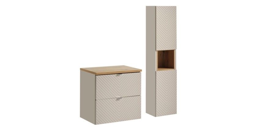 Badezimmer-Set AOKI: Waschtischunterschrank mit Schubladen 60cm + Waschtischplatte in Holzoptik + Hochschrank