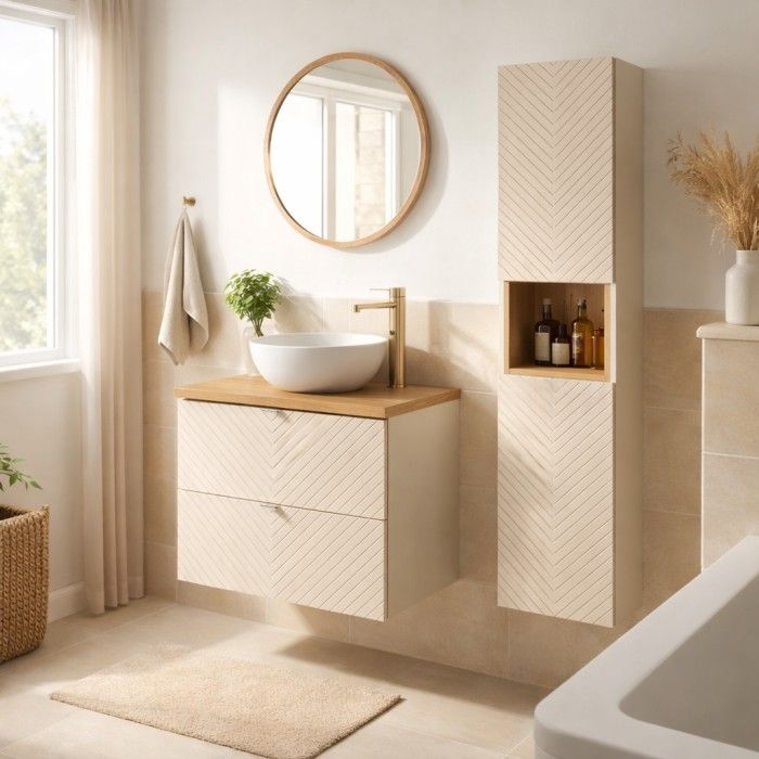 Badezimmer-Set AOKI: Waschtischunterschrank mit Schubladen 60cm + Waschtischplatte in Holzoptik + Hochschrank