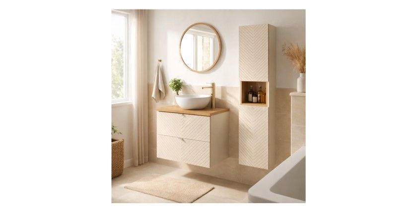 Badezimmer-Set AOKI: Waschtischunterschrank mit Schubladen 60cm + Waschtischplatte in Holzoptik + Hochschrank