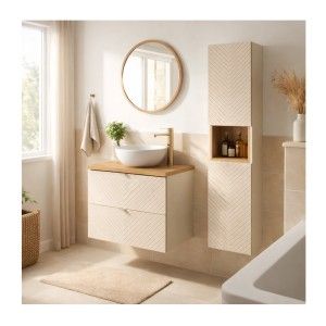 Ensemble meuble sous vasque, plan pour vasque et colonne de rangement AOKI beige et chêne clair mis en situation