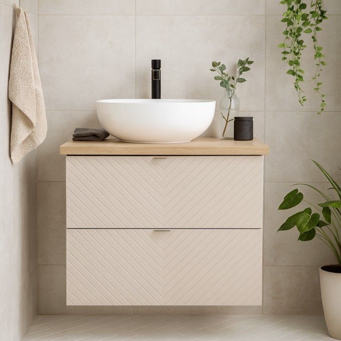 Badezimmer-Set AOKI: Waschtischunterschrank mit Schubladen 80cm + Waschtischplatte in Holzoptik