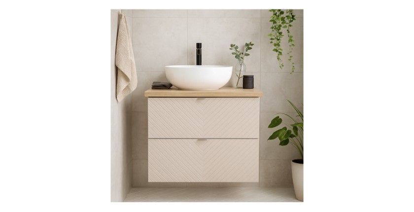 Ensemble meuble sous vasque et plan pour vasque beige et chêne clair AOKI mis en situation