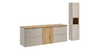 Ensemble AOKI : meubles sous vasque à tiroirs + panier à linge + plan vasque chêne + colonne