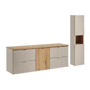 Ensemble meubles sous vasque 160cm et colonne de rangement AOKI beige et bois clair