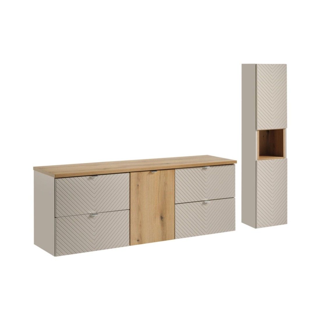 Ensemble AOKI : meubles sous vasque à tiroirs + panier à linge + plan vasque chêne + colonne