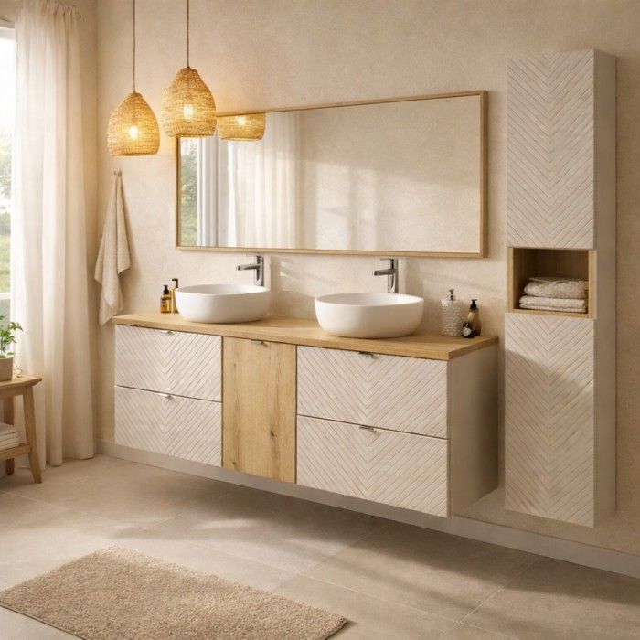 Ensemble meubles sous vasque 160cm et colonne de rangement AOKI beige et bois clair mis en situation