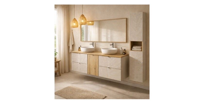 Ensemble meubles sous vasque 160cm et colonne de rangement AOKI beige et bois clair mis en situation