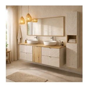 Ensemble AOKI : meubles sous vasque à tiroirs + panier à linge + plan vasque chêne + colonne