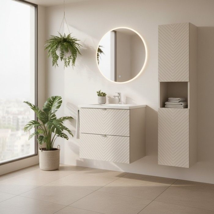Meuble sous vasque et vasque encastrée 60cm beige et blanc collection AOKI mis en situation