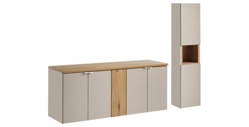Ensemble meubles sous vasque à placards et colonne de rangement AOKI beige et bois clair