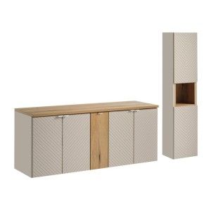Ensemble meubles sous vasque à placards et colonne de rangement AOKI beige et bois clair