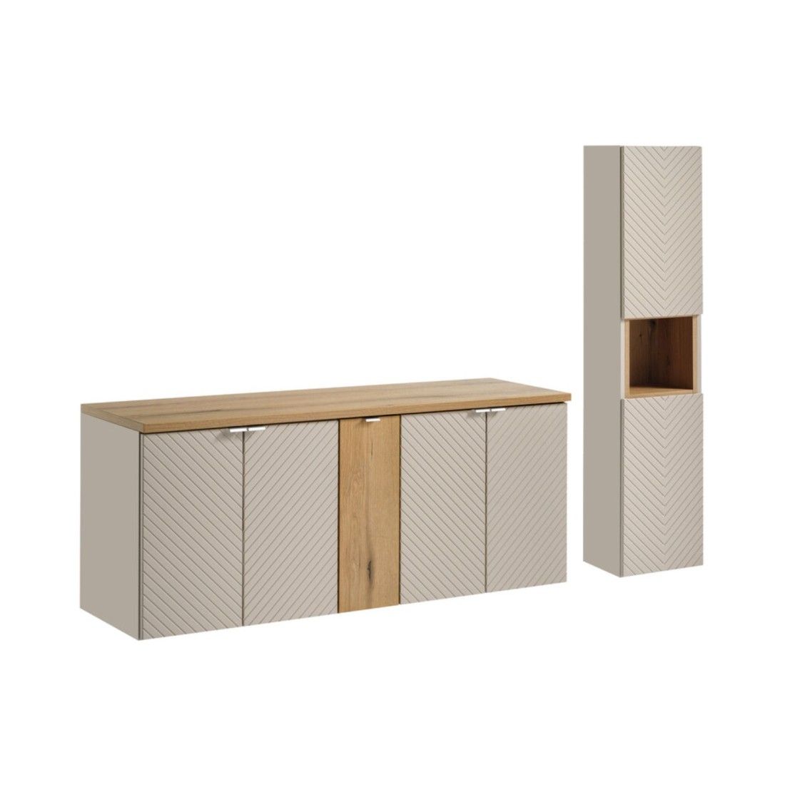 Ensemble meubles sous vasque à placards et colonne de rangement AOKI beige et bois clair