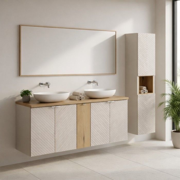 Ensemble meubles sous vasque à placards et colonne de rangement AOKI beige et bois clair mis en situation