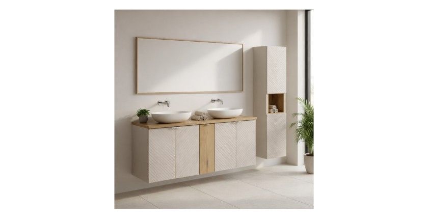 Ensemble meubles sous vasque à placards et colonne de rangement AOKI beige et bois clair mis en situation