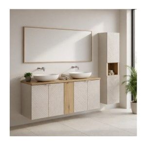 Ensemble AOKI : meubles sous vasque à placards + plan vasque chêne + colonne