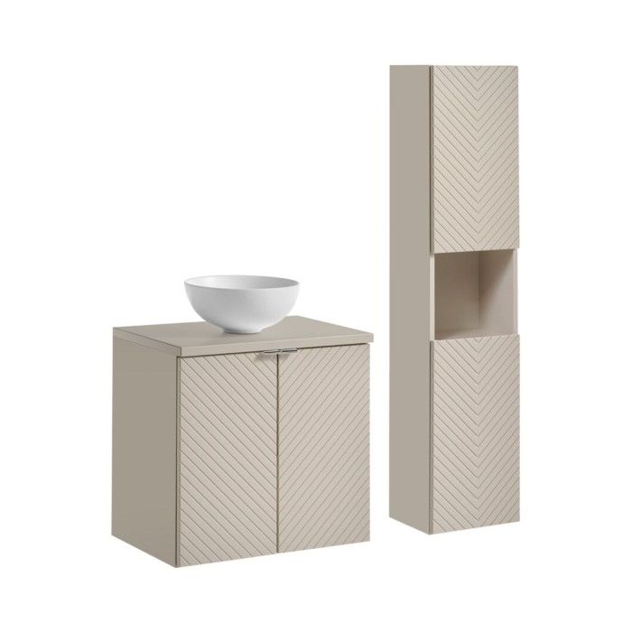 Ensemble AOKI: Unterschrank mit Schränken 60cm + beige Waschtischplatte + weiße runde Aufsatzwaschbecken + Säule