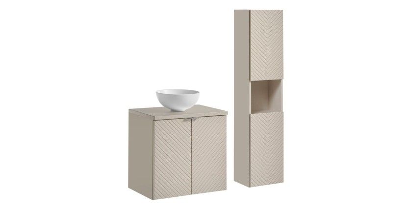 Ensemble AOKI : meuble sous vasque à placards 60cm + plan vasque beige + vasque ronde blanche à poser + colonne