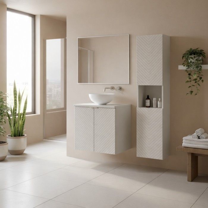 Ensemble de salle de bain avec meuble sous vasque, plan vasque, vasque à poser et colonne de rangement AOKI mis en situation