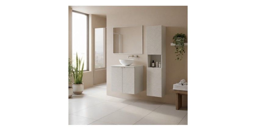 Ensemble AOKI : meuble sous vasque à placards 60cm + plan vasque beige + vasque ronde blanche à poser + colonne