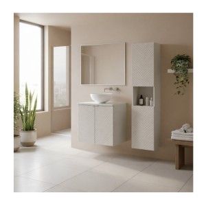 Ensemble AOKI : meuble sous vasque à placards 60cm + plan vasque beige + vasque ronde blanche à poser + colonne